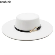 

Bauhiniua Wool Felt Fedoras Jazz Cap 2022 Winter Warm Flat Top Hats 10CM Big Wide Brim Solid Color Church Hats