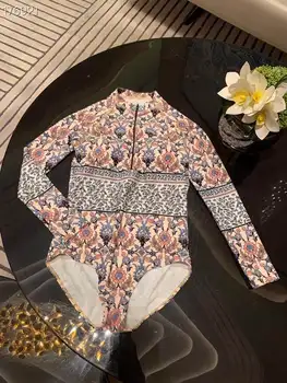 

Women Swimwear One Piece Swimsuit 2020 Sexy Floral Print Color Patchwork Swim Wear Long Sleeves Bathing Suit Women Beach Wear