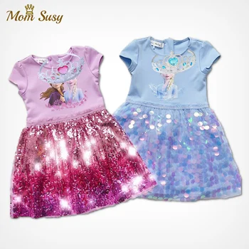 

Baby Girl Princess Anna Elsa Sequins Dress With Crown Summer Girl Snowqueen Vestido Party Birthday Dress Patchwork Mesh Clothes