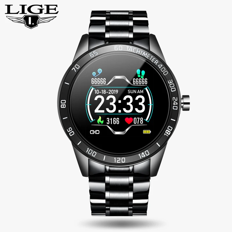 LIGE новые стальные Смарт-часы мужские кожаные Смарт-часы спортивные для iPhone пульсометр кровяное давление фитнес-трекер умные часы - Цвет: All black S
