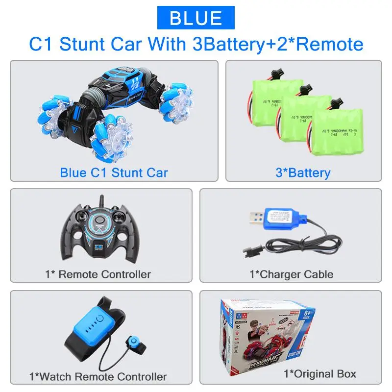 4WD RC трюк автомобиль часы управление жестами индукционный деформируемый электрический RC Дрифт автомобиль трансформатор автомобиль игрушки для детей с светодиодный светильник - Цвет: Blue 3 batteries