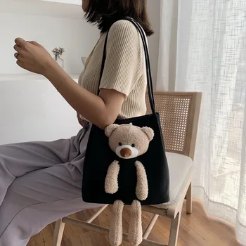 

Canvas Bag Large Capacity Cute Cartoon Shoulder Messenger Bag Yellow Beige Portable Shopping Bag Student Cute Little Bear Bag