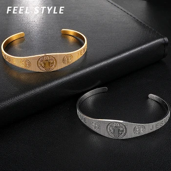 

2020 New Catholic Jesus San Benito Open Bangles Stainless Steel Exorcism Cross Adjustable Bangle Bracelet