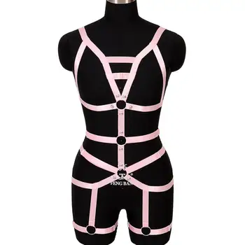 

Pink Strappy Harness Set Chest Tops Punk Goth Garter Belt Elastic Plus Size Sexy Underwear Balls Night Club Full Body Caged Bra