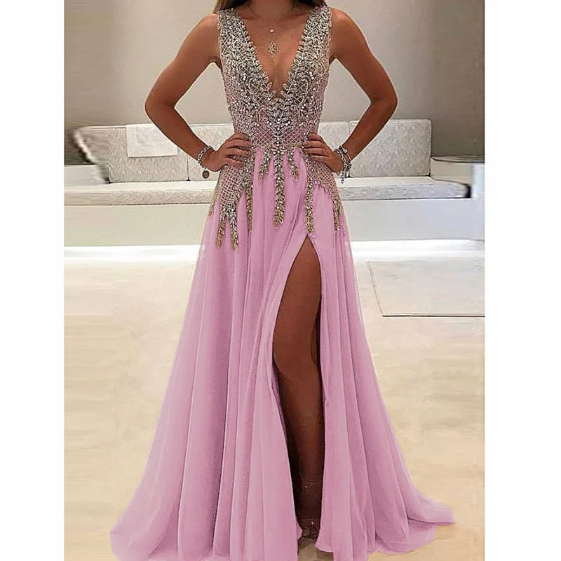 

Sexy Pink Evening Dresses 2019 Long Chiffon Sleeveless Beads A Line Lace Zipper Formal Occasion Party Prom Women Girl Dress