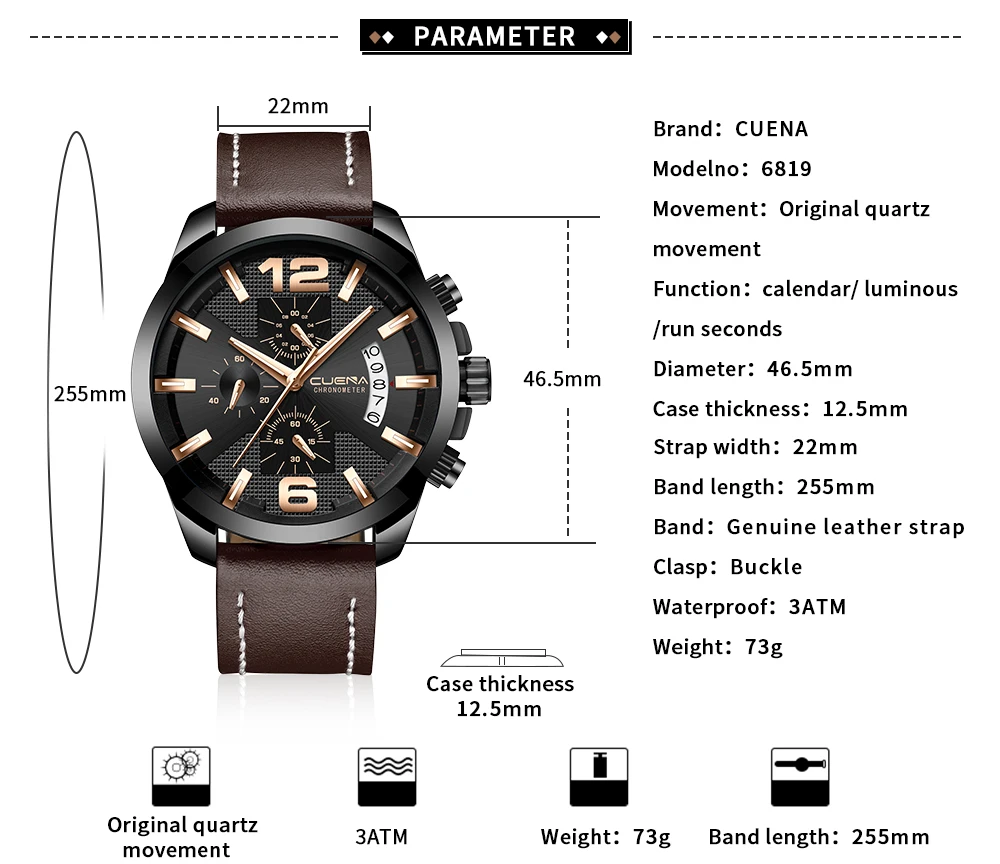 CUENA, кварцевые часы для мужчин, секундомер, светящийся кожаный ремешок, водонепроницаемые спортивные часы, мужские наручные часы, мужские часы