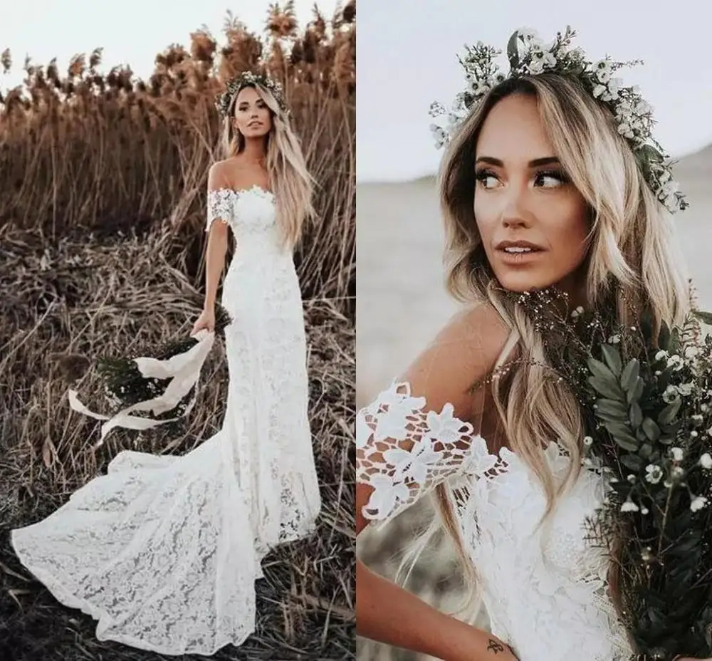 Elegant Boho Wedding Dresses 2019 Off The Shoulder Short Sleeves Mermaid Country Bridal Beach Gowns Sweep Train | Свадьбы и