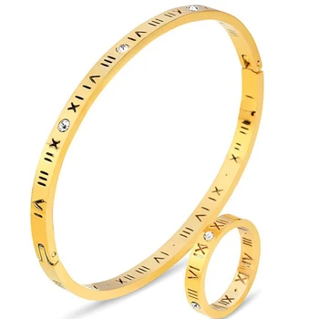 

Fashion Titanium Steel Number Cuff Bangle + Finger Ring Zircon Jewelry Set Hollow Rome Letter Number Initial Wedding Jewelry Set