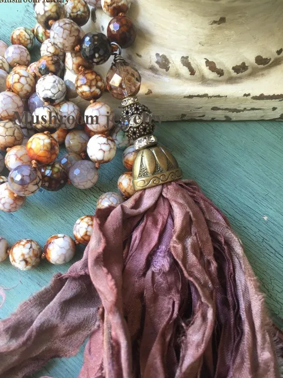 Hand Knotting Sari Silk Tassel Necklace Black Agates Beads Women boho NECKLACE | Украшения и аксессуары