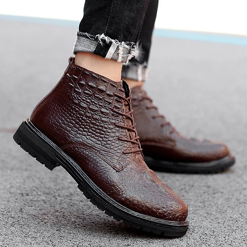 

Autumn And Winter Extra Large Martin Boots 45 England Trend Crocodile Pattern Large Size 46 plus Velvet Warm Cotton-padded Shoes