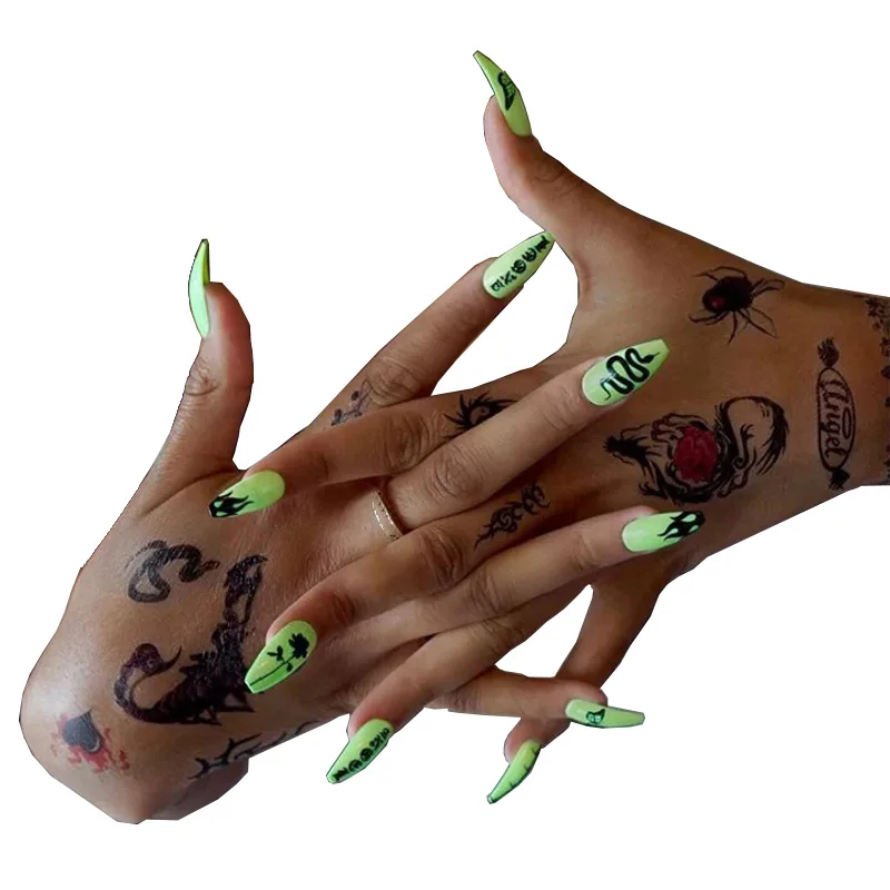 

24 Pcs False Nails Snake Flame Fake Nails Butterflies French Tips Flower Nail Tips Full Cover Artifical Nails Coffin Nails Tip