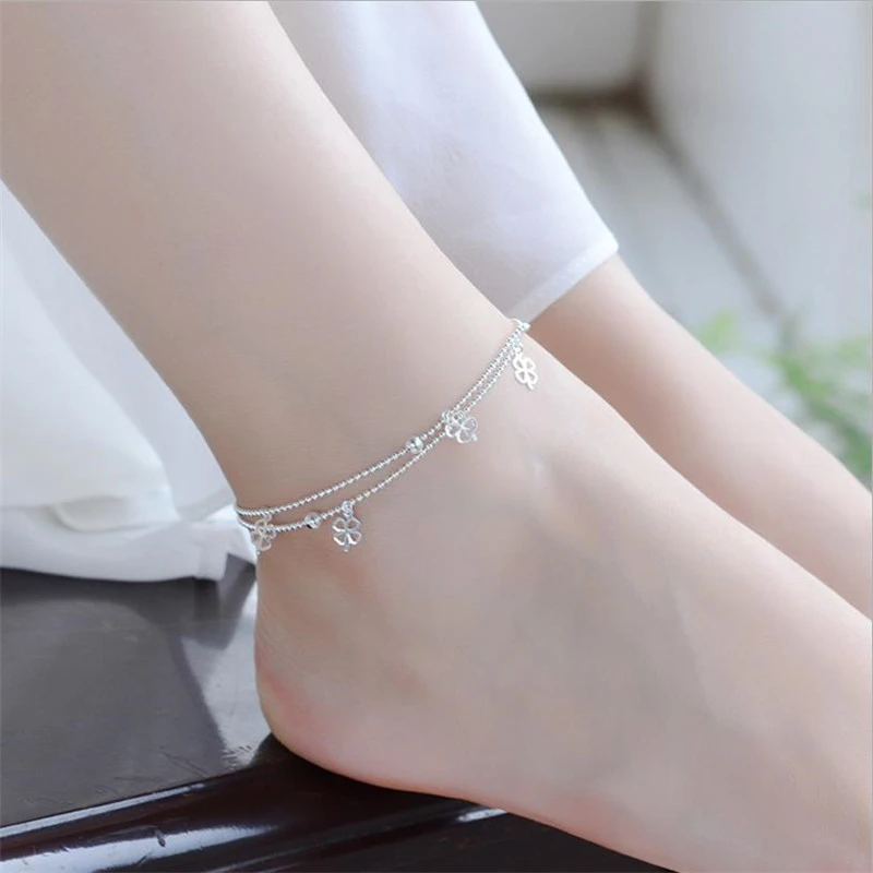 Pulsera tobillera de plata 925 para mujer, joyería de doble capa con trébol, pulsera de princesa, tobillo| - AliExpress