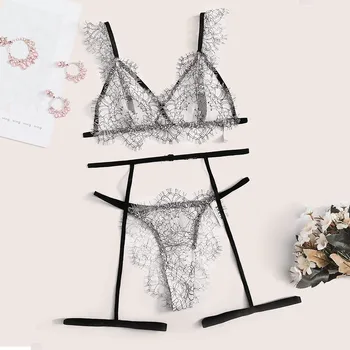

Three Piece Lingerie Sets Women Cute Floral Lace Transparent Bra Garter Thong Sets Lingerie Wireless Bralette Intimate Underwear