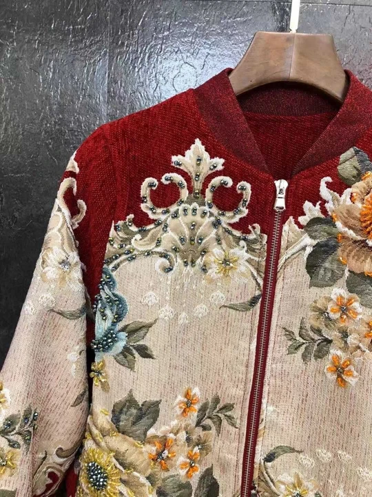 Новая зимняя Женская жаккардовая куртка с бисером куртка на молнии 1027