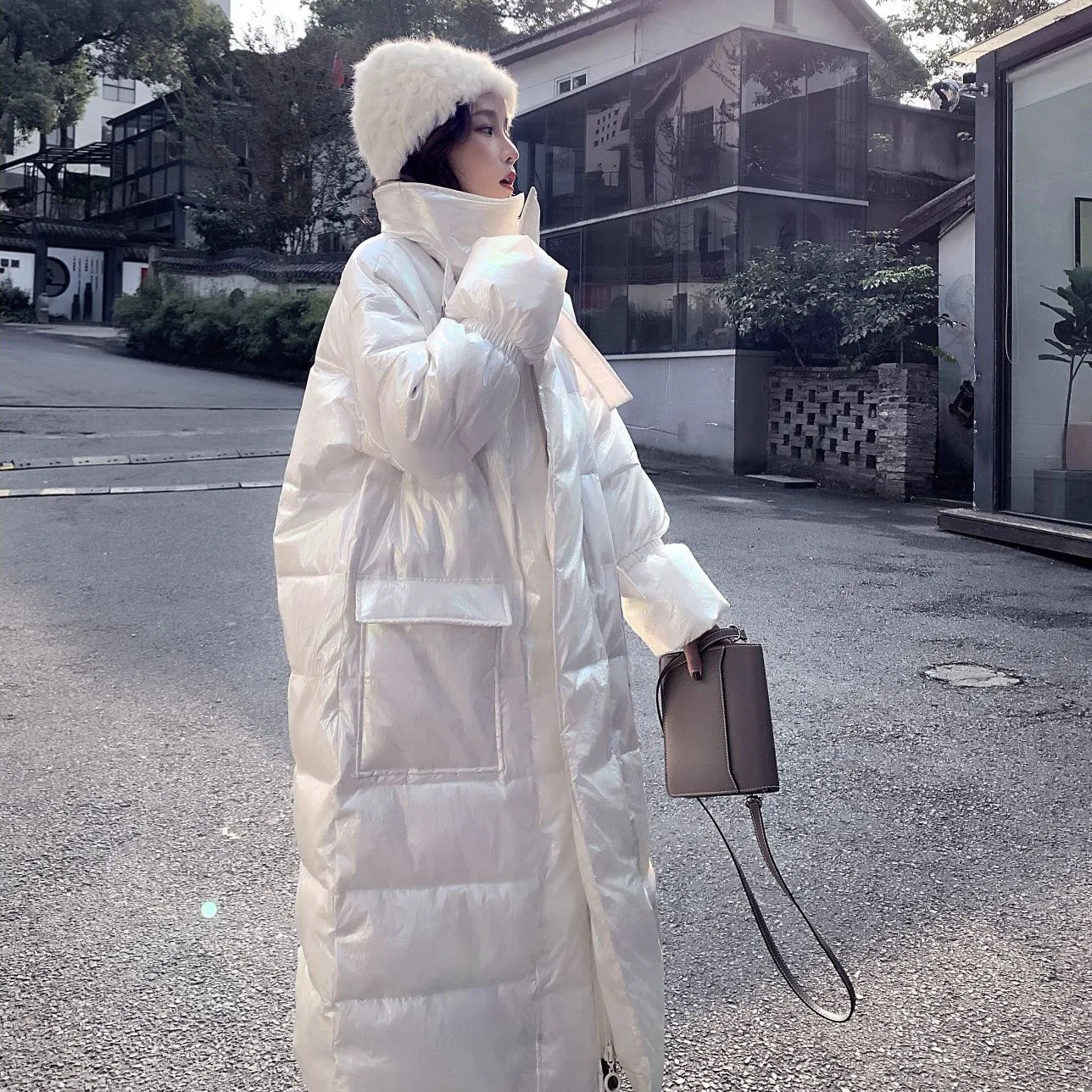 

Photo Shoot Waitmore Simple Bright Surface White Bell Sleeve Long Handsome Stand Collar Lace-up down Jacket Cotton-padded Clothe