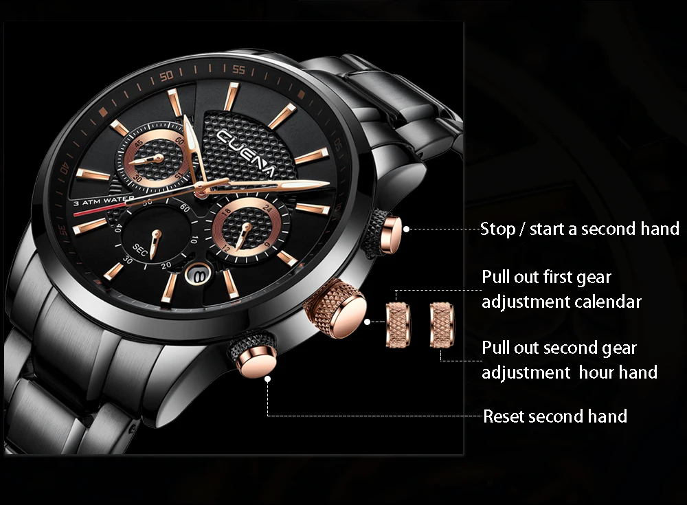 CUENA Брендовые мужские часы модные Хронограф Авто Дата нержавеющая сталь светящиеся кварцевые наручные часы 30 м водонепроницаемые мужские роскошные часы