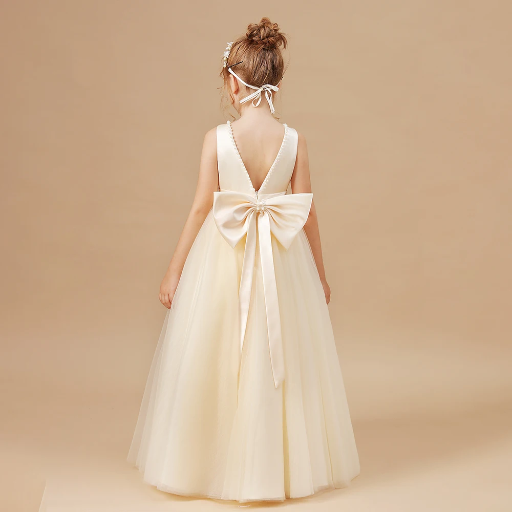 Kids Princess Dress Wedding Flower Girl Dress Children Prom Ball Gown Party Long Dress Sleeveless Bow Birthday Party Dress