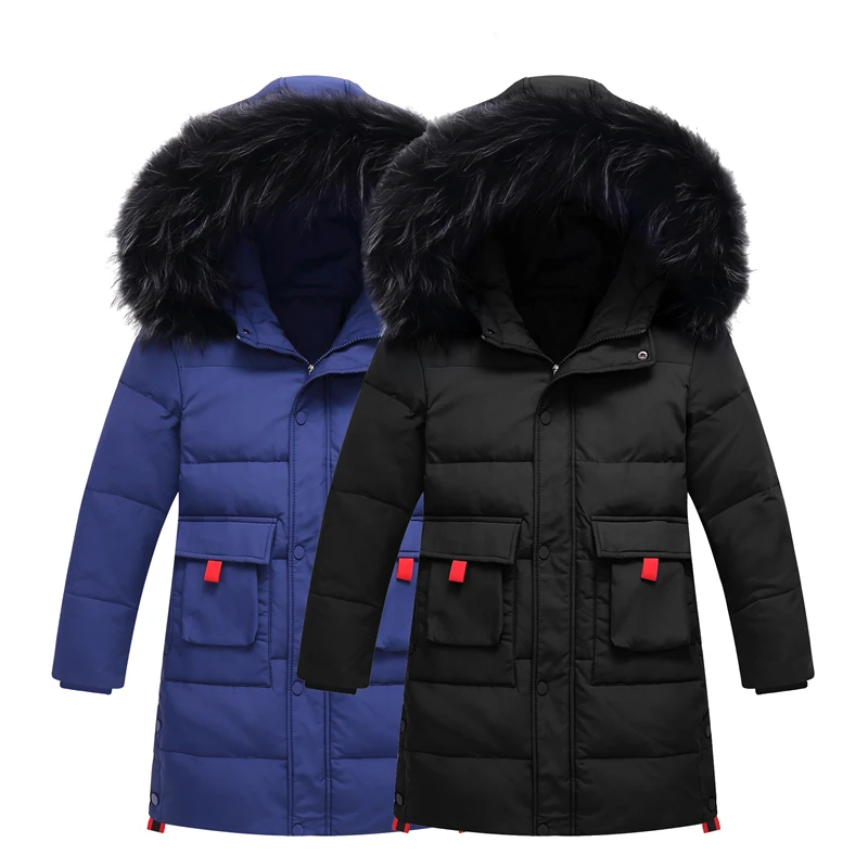 Брендовая куртка-пуховик для мальчиков плотная теплая Модная длинная детская парка на утином пуху верхняя одежда с мехом для детей и подростков на холодную зиму