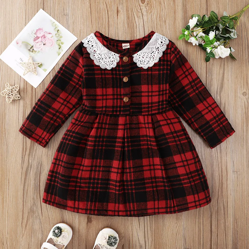 

Girls Autumn Dress, Plaid Lace-Neck Long Sleeve Button-Open Casual Skirt for Kids, 1-8 Years, Red