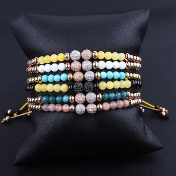 New Design Natural Stone Stainless Steel Beaded CZ Pave Ball Braided Friendship Macrame Bracelet Women