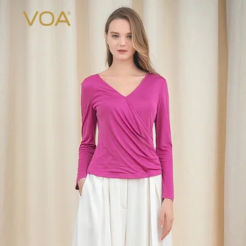 

VOA heavy weight double-sided silk knitting V-neck wrap with snap closure long sleeve waxy soft super elastic fit T-shirt B9102