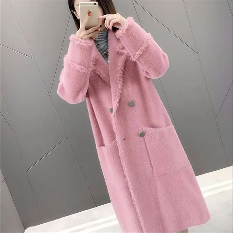 spring and autumn imitation water velvet thick woolen coat female long section new loose over the knee coat