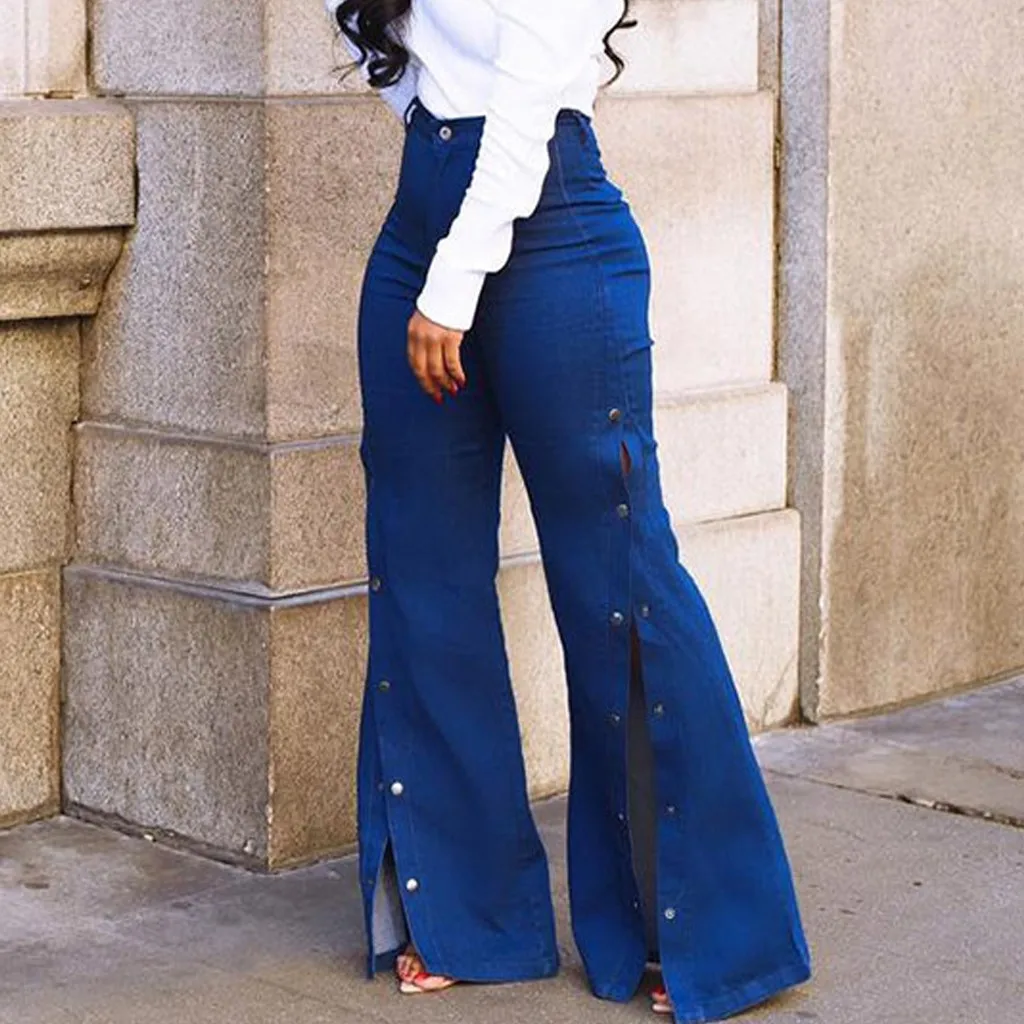Женские свободные джинсы с высокой талией брюки на пуговицах штаны клеш Женские джинсы высокого качества W904