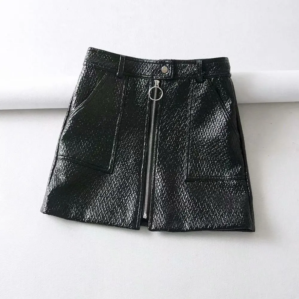 

Zoe Saldana Women Skirt female spring summer mini skirt PU leather ring zipper girls fashion short skirt