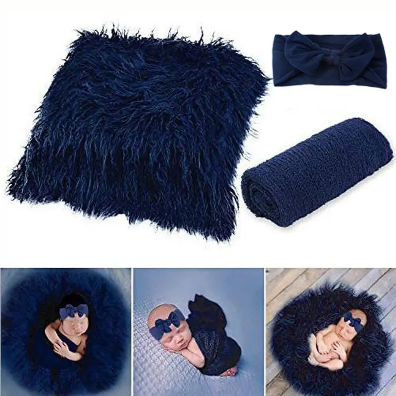 3PCS Newborn Photography Props Accessory Toddler Photo Blankets Wrap and Headband Mohair Stretch Knit Swaddle Wraps Studio Props 4