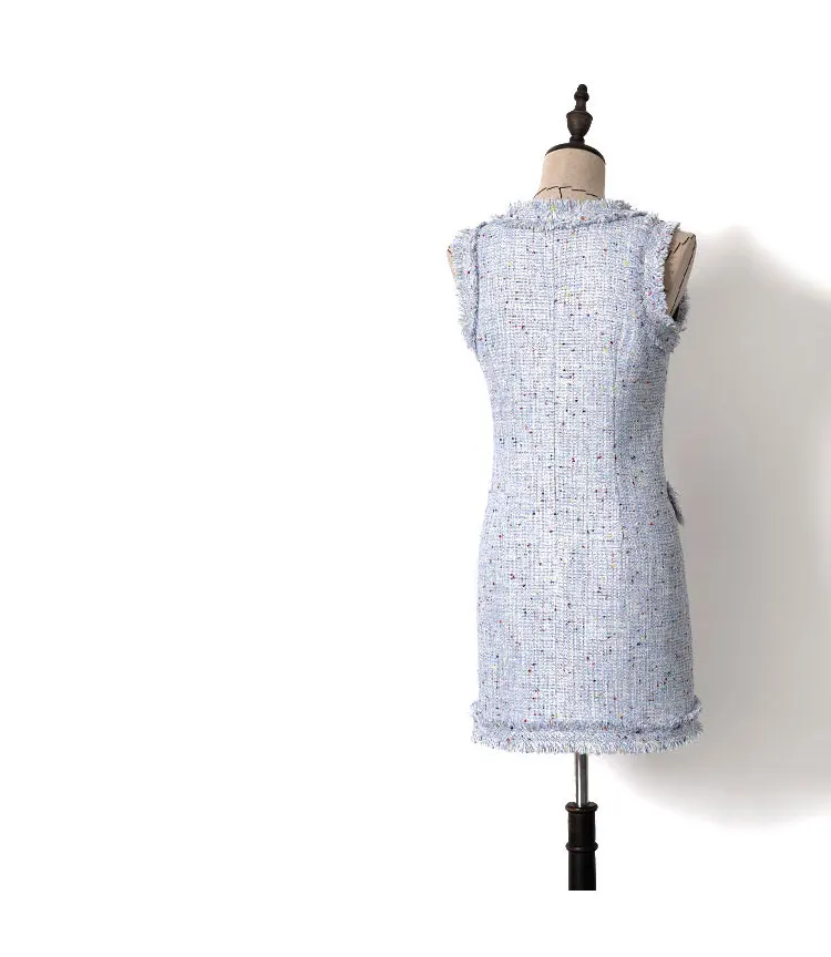 Women sexy double breasted gold color button Bodycon tweed dress tassel sleeveless sheath mini dresses autumn blue Vestidos