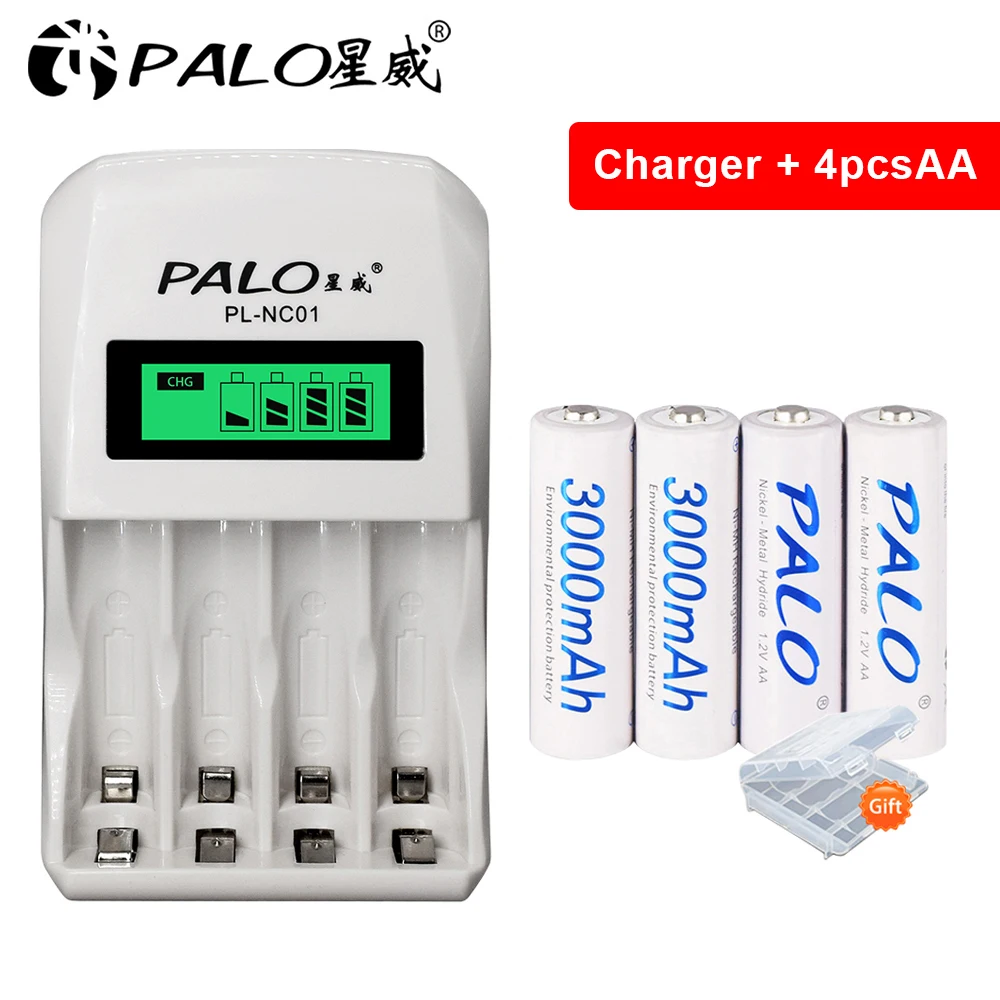Palo Batteria Ricaricabile 1.2V Ni-Mh Aa Aaa Batteria Aa 3000Mah/Batteria Aaa 1100Mah + Caricabatteria Rapido Intelligente