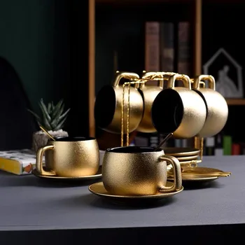 

High End Ceramic Gold Frosted Coffee Tea Set WIth Spoon Saucers Duby Style Simple Morden Flower Tea Cup Set
