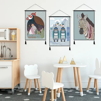 

Penguin Zebra Nordic Animal Nursery Children's Room Hanging Cloth Cotton Line Painting Poster Home Decor Wall Hanging Tapestry