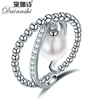 

Dainashi 100% Genuine Freshwater Cultured Pearl Ring 925 Sterling Silver Zircon Crystal Adjustable Ring Party Gift for Women
