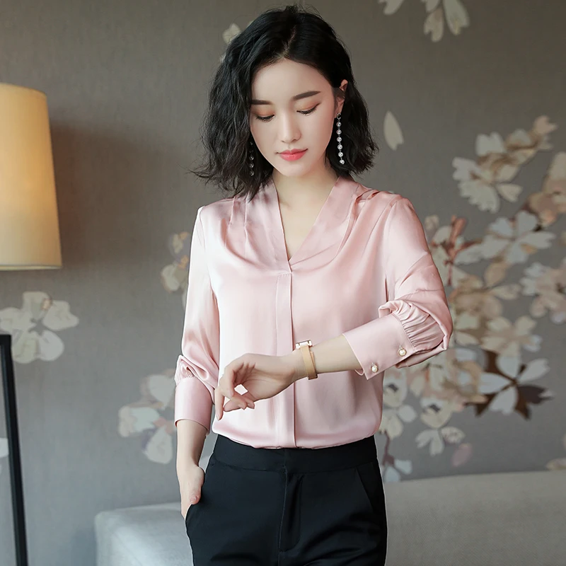 

Spring Real Silk Blouse Womens Tops and Blouses Elegant Ladies Office Wear Autumn Shirt V Neck Clothes Shirts LWL1582