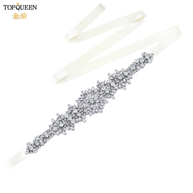 TOPQUEEN S319 Rhinestones Wedding Belts Wedding Sashes Crystal Bridal Belts Decorative Belt with Stones Jeweled Satin Ribbons Off white ribbon