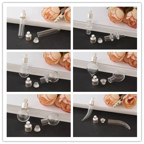 50pcs 6mm bottle mouth glass Vial Pendant silver color cap rice art name on rice craft necklace materia glass bottle charms