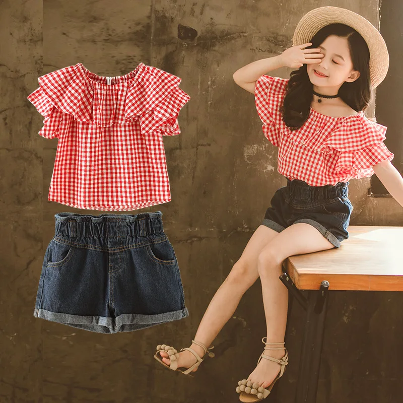 Girls Clothing Sets Summer Children Fashion Plaid Cotton Shirt + Denim Short Pants 2pcs Suits Kids Clothes Teens Girl Tracksuit | Мать и