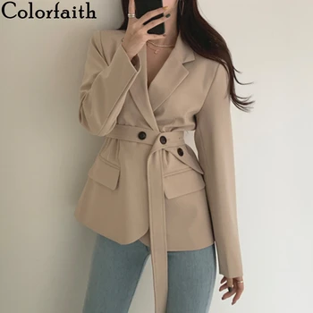 

Colorfaith New 2020 Autumn Winter Women's Blazers Casual Buttons Pockets Jackets Notched Vintage Lace Up Wild Lady Tops JK1301