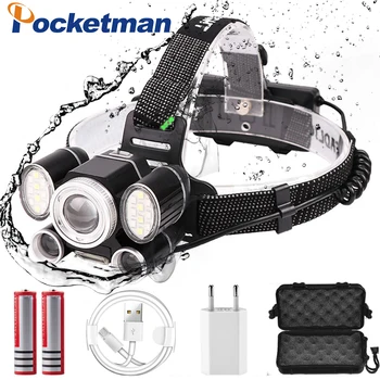 

High Lumen XHP50+2T6+COB LED Headlamp 9 Modes Headlight Zoom Head Light Waterproof Head Flashlight with Red Warning Light