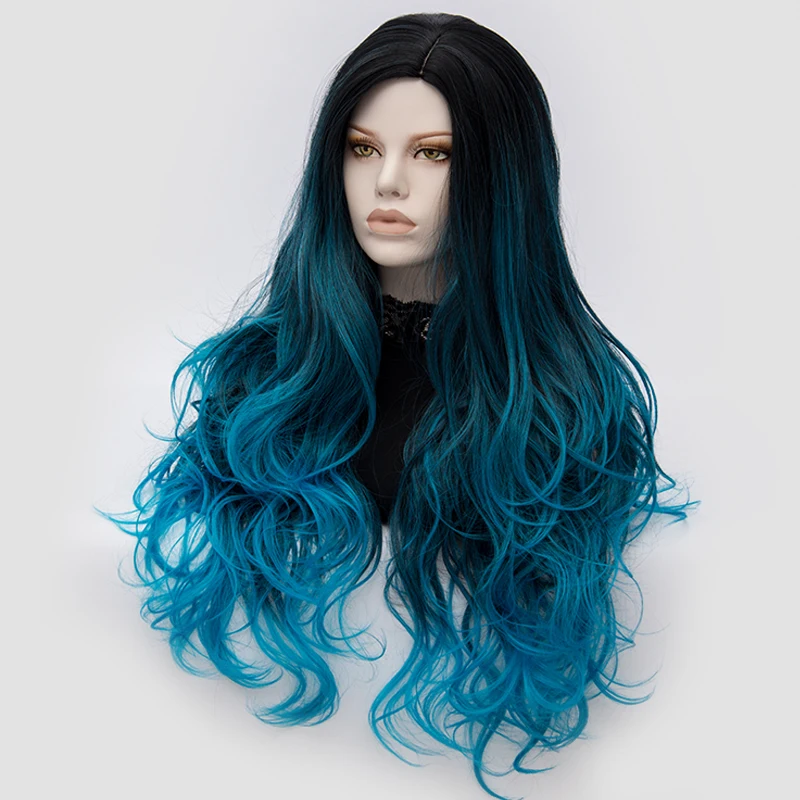 Similler Women Long Curly Synthetic Wig Black Root Blue Ombre Cosplay Wigs Heat Resistance Fiber