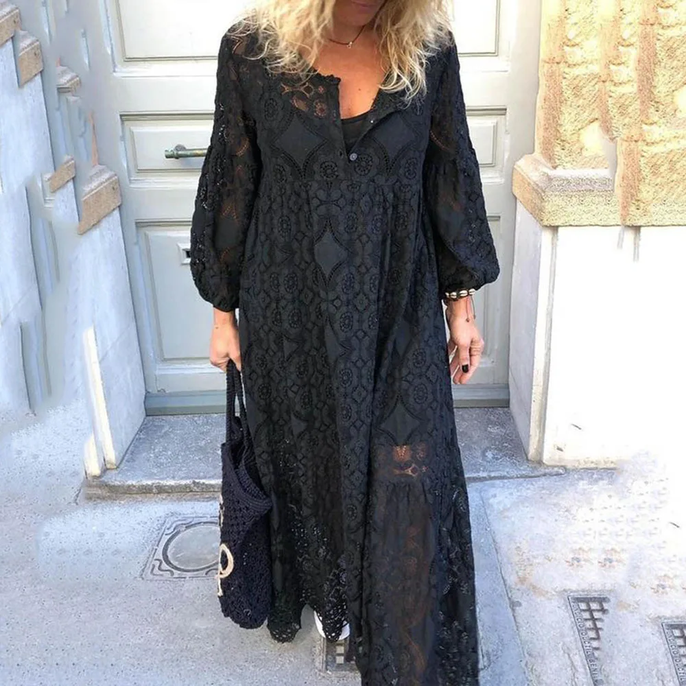 

2019 Autumn Women's Hollow Maxi Dresses Lantern Sleeve Pullover Korean Elegant Boho Long Dresses Plus Size 4XL 5XL Black Vestido