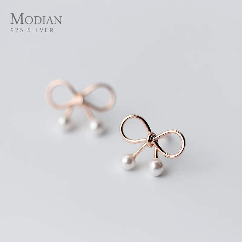 Modian, розовое золото, модные жемчужные серьги-гвоздики с бантиком для женщин, Настоящее серебро 925 проба, очаровательные крошечные изящные ювелирные изделия