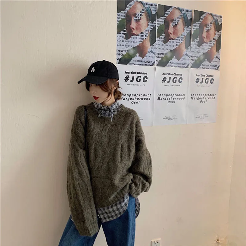 Women's Classic Plaid Casual Bow Collar Shirt Female Korean Twist Wild Loose O-neck Knit Pullover Sweater Two-piece Tops ML235