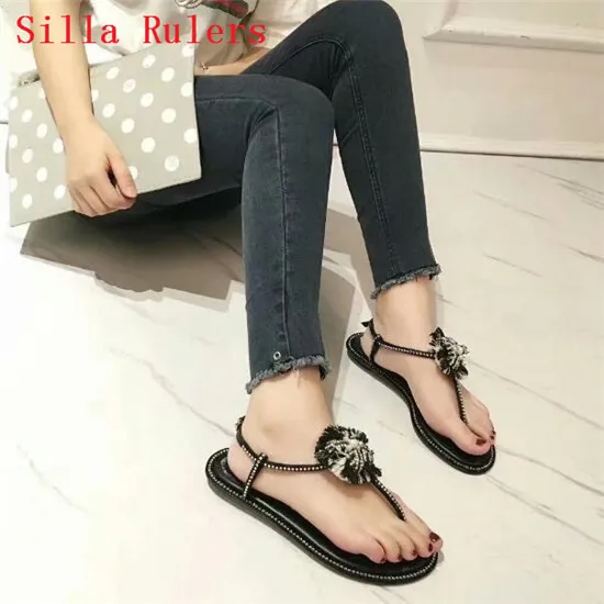 Crystal String Bead Fringe Women Sandals White Black Leather Flip Flops Flats Sandals Women Summer Shoes Woman sandalias mujer (10)