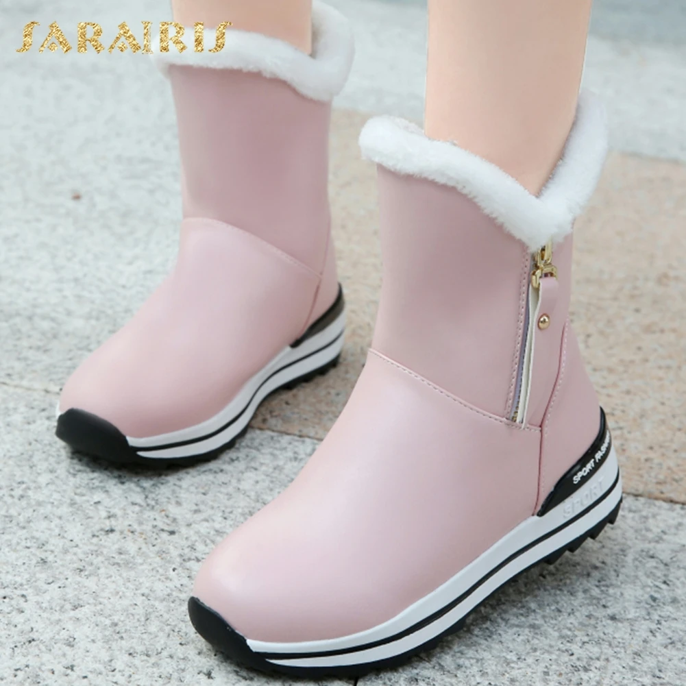 

Sarairis Winter Snow Boots Women Add Fur Warm Shoes Woman Round Toe Zip Flat Platform Women Winter Boots Pink Blue White 31-40
