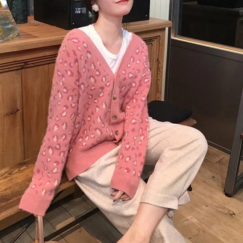 pink cardigan RICININA, свитер, кардиган, Женский вязаный джемпер, v-образный вырез, пуговицы, Леопардовый принт, элегантный кашемировый женский свитер, кардиган, топы - Цвет: pink cardigan