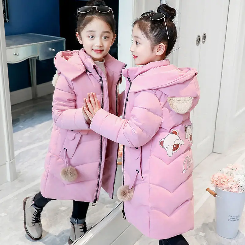 Bear Ear pink Зимнее пальто для девочек; Новинка г.; детская зимняя куртка с героями мультфильмов; детская теплая одежда; плотные длинные пуховые пальто с капюшоном; парки для подростков; верхняя одежда - Цвет: Bear Ear pink