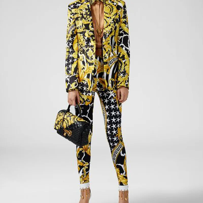 

Runway 2019 Women High Quality autumn brand One Button Black Gold Flower Slim Printed Silk Small Jacket Suit party clothes
