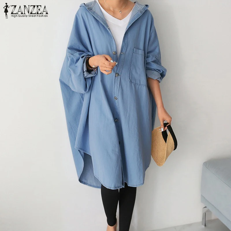 long down coat 2022 Oversized ZANZEA Denim Blue Coats Autumn Womens Solid Hooded Long Sleeve Button Down Outwear Long Jackets Cardigans Vestido black puffer coat with hood